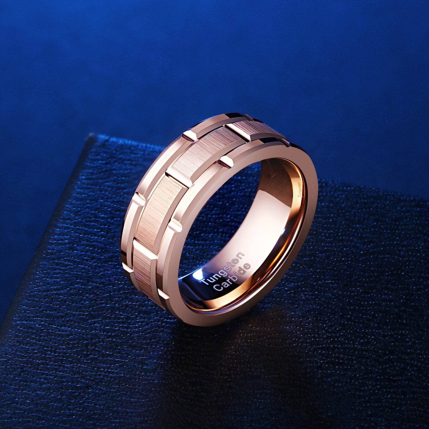Men's Tungsten Carbide Ring 8mm Rose Gold Brick Pattern-Black Diamonds New York