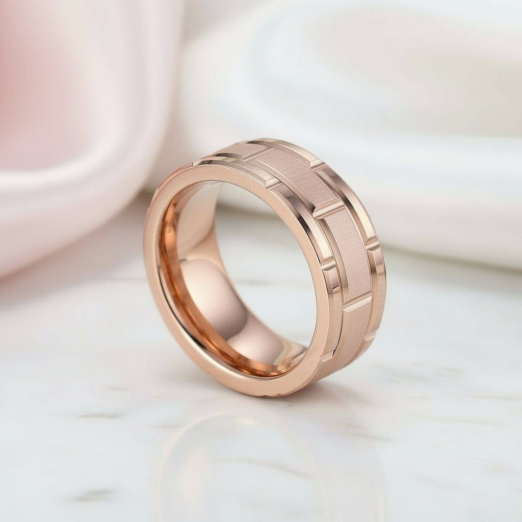 Men's Tungsten Carbide Ring 8mm Rose Gold Brick Pattern-Black Diamonds New York