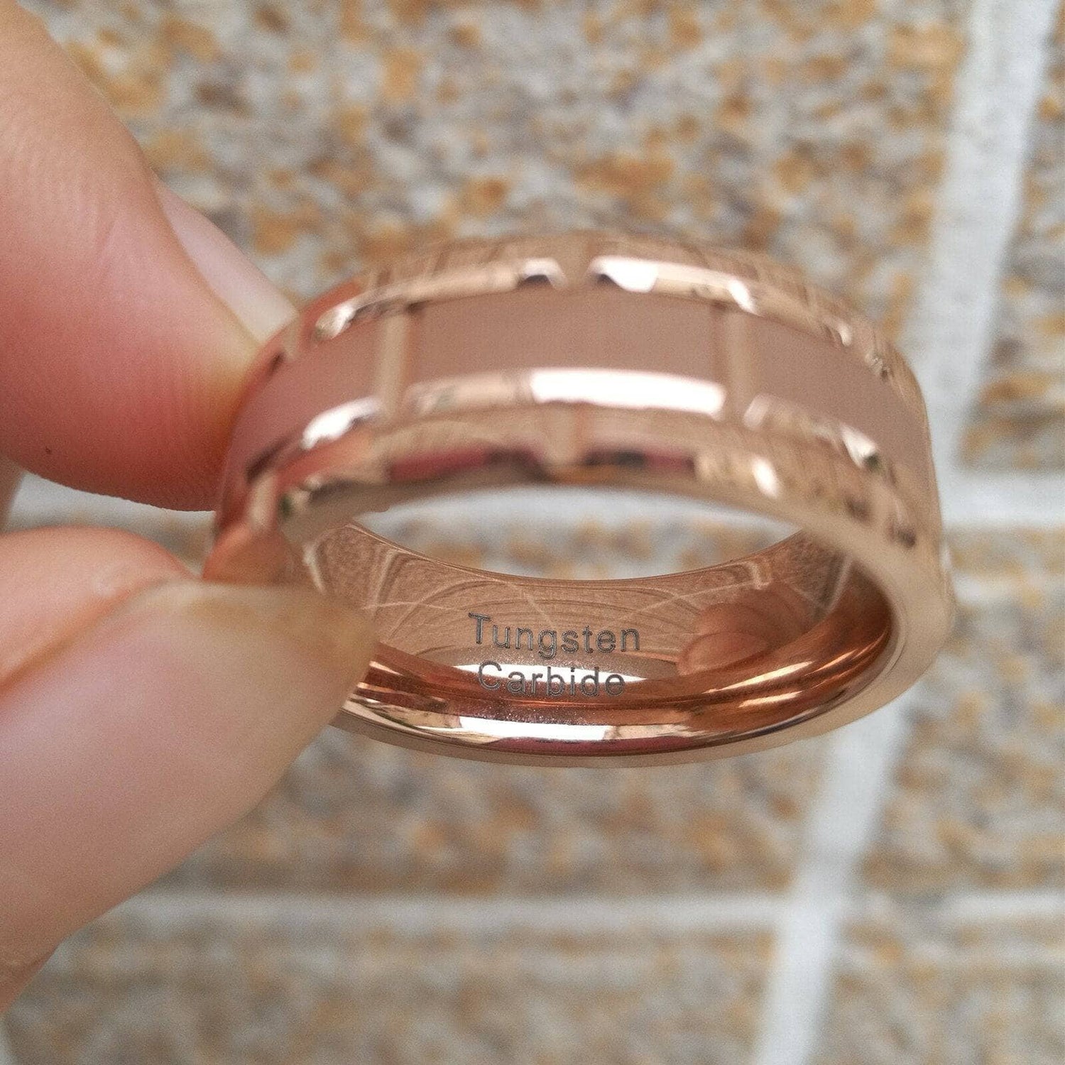 Men's Tungsten Carbide Ring 8mm Rose Gold Brick Pattern-Black Diamonds New York