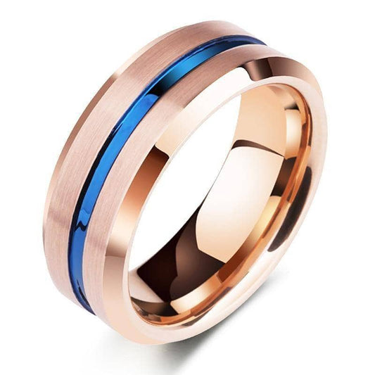 Men's Tungsten Carbide Wedding Band 8mm Rose Gold with Blue Line-Black Diamonds New York