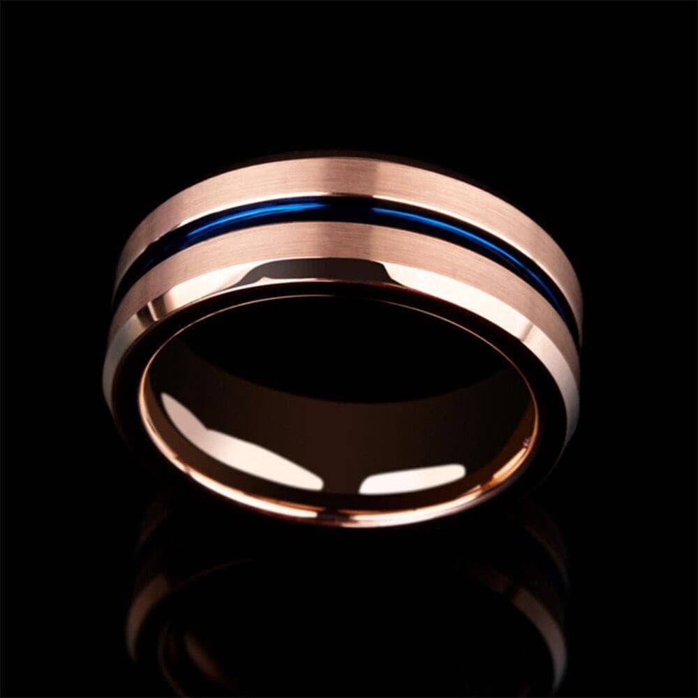 Men's Tungsten Carbide Wedding Band 8mm Rose Gold with Blue Line-Black Diamonds New York