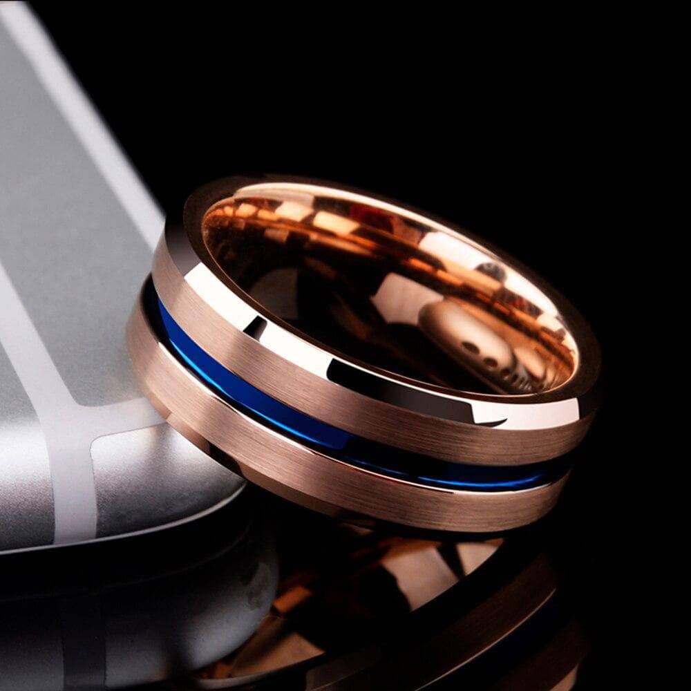 Men's Tungsten Carbide Wedding Band 8mm Rose Gold with Blue Line