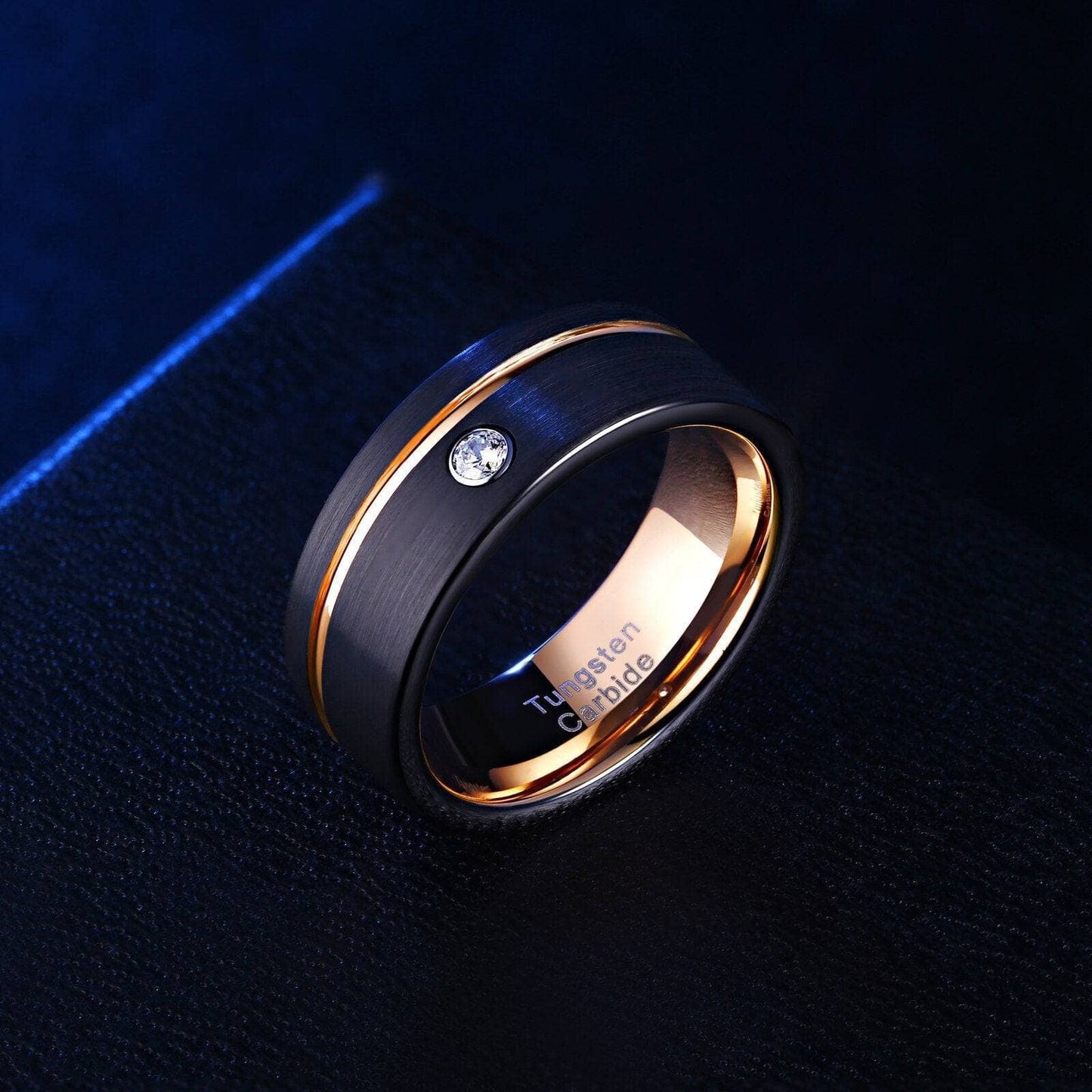 Men's Tungsten Carbide Wedding Band Black with Rose Gold Line