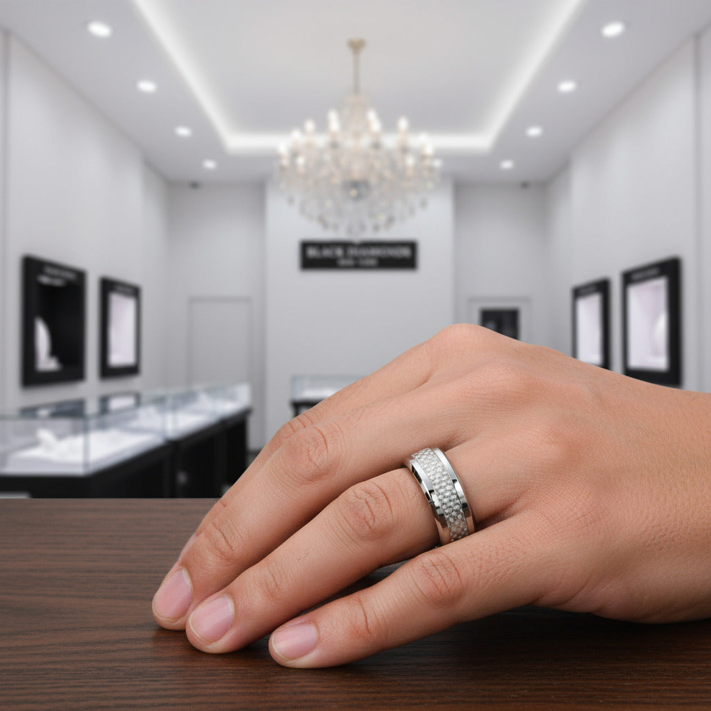 Men's Tungsten Carbide Wedding Band with Carbon Fiber Inlay-Black Diamonds New York