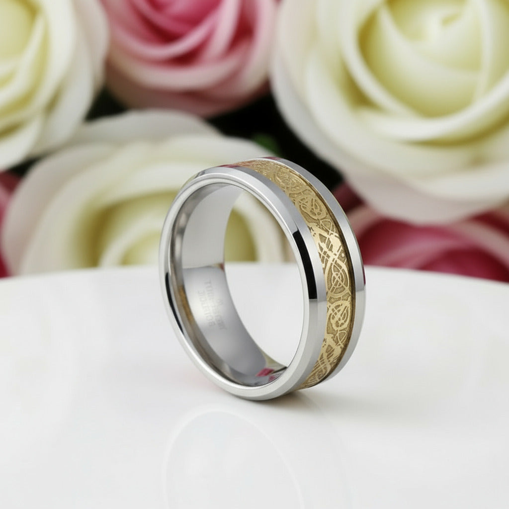 Men's Tungsten Carbide Wedding Band with Dragon Inlay-Black Diamonds New York