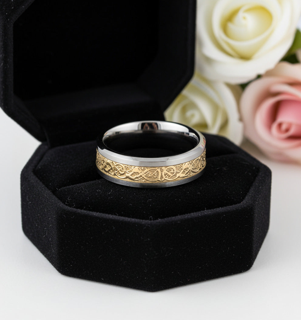 Men's Tungsten Carbide Wedding Band with Dragon Inlay-Black Diamonds New York