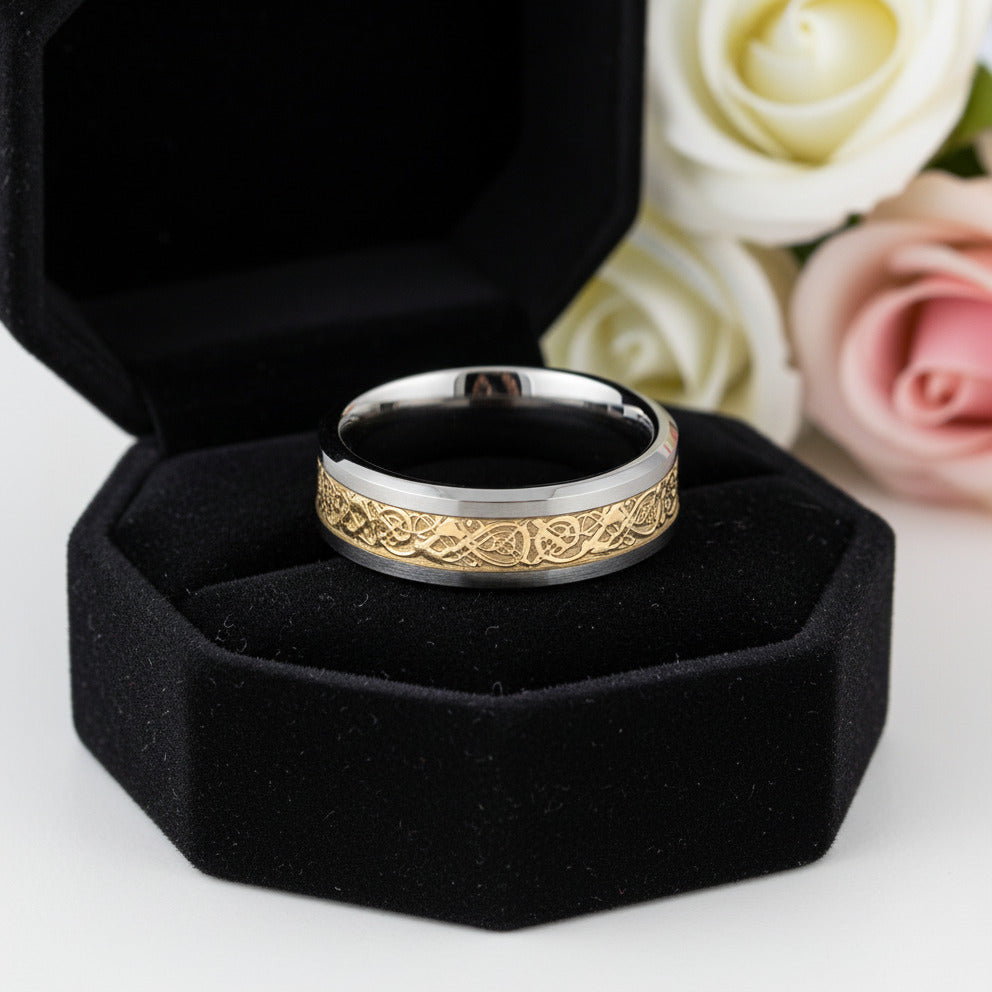 Men's Tungsten Carbide Wedding Band with Dragon Inlay-Black Diamonds New York