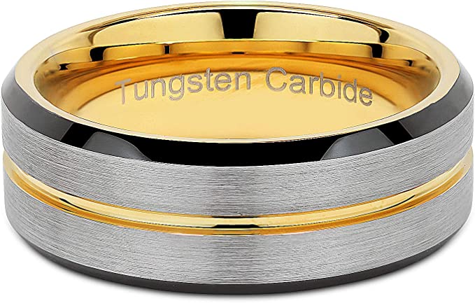 Men's Tungsten Carbide Yellow Line Wedding Band-Black Diamonds New York