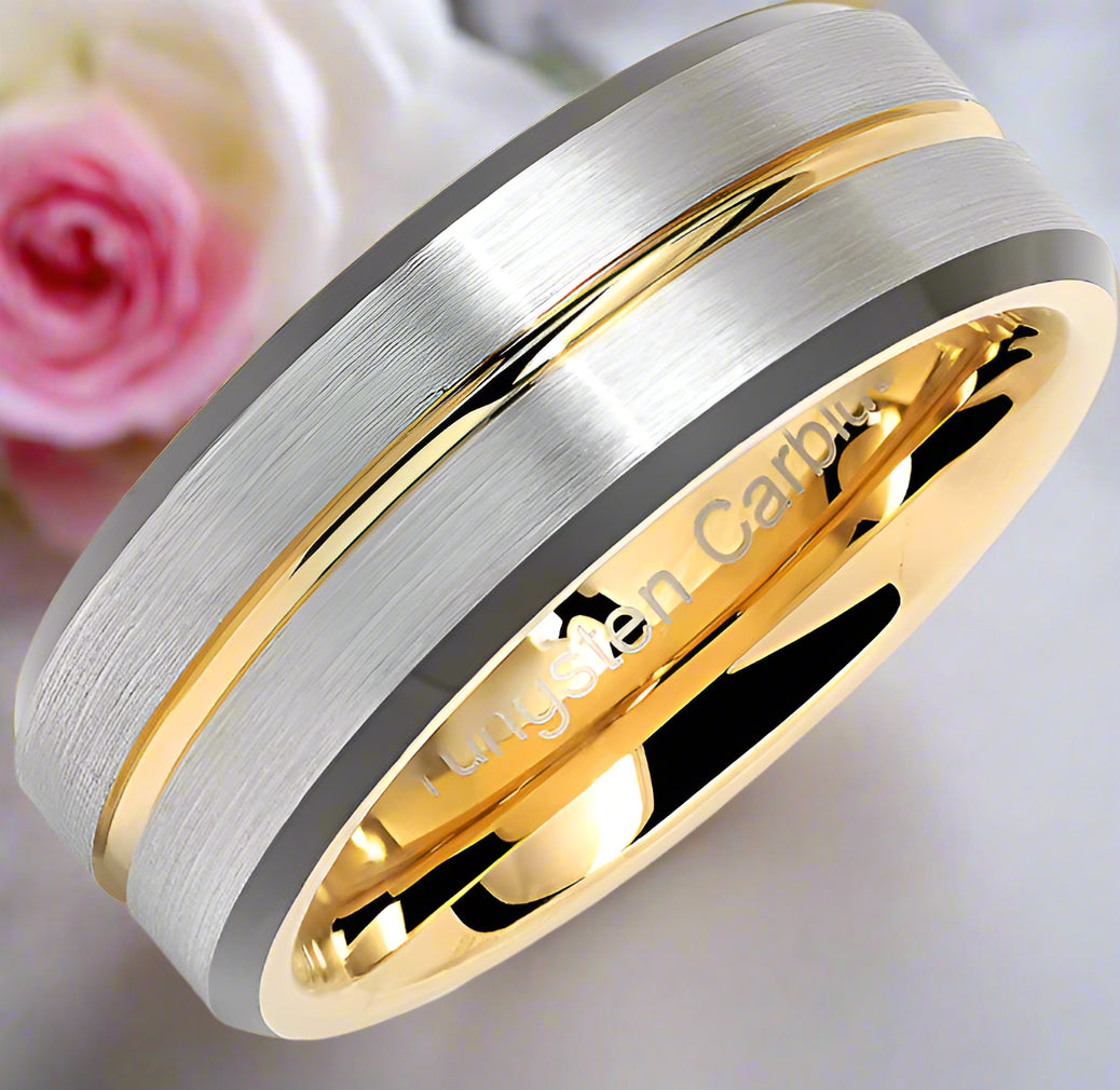 Men's Tungsten Carbide Yellow Line Wedding Band-Black Diamonds New York