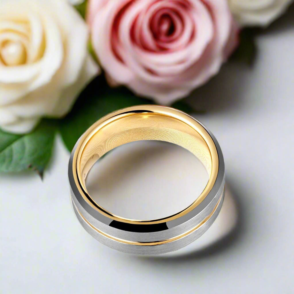 Men's Tungsten Carbide Yellow Line Wedding Band-Black Diamonds New York