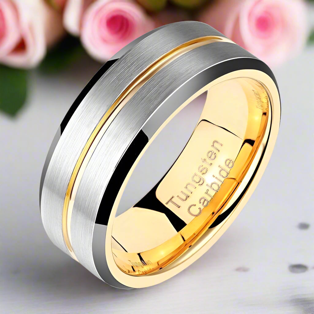 Men's Tungsten Carbide Yellow Line Wedding Band-Black Diamonds New York