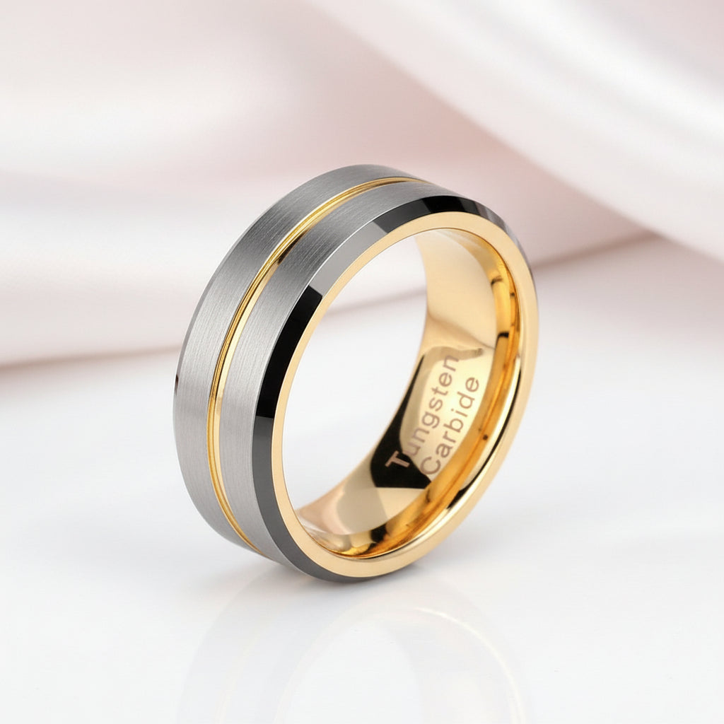 Men's Tungsten Carbide Yellow Line Wedding Band-Black Diamonds New York