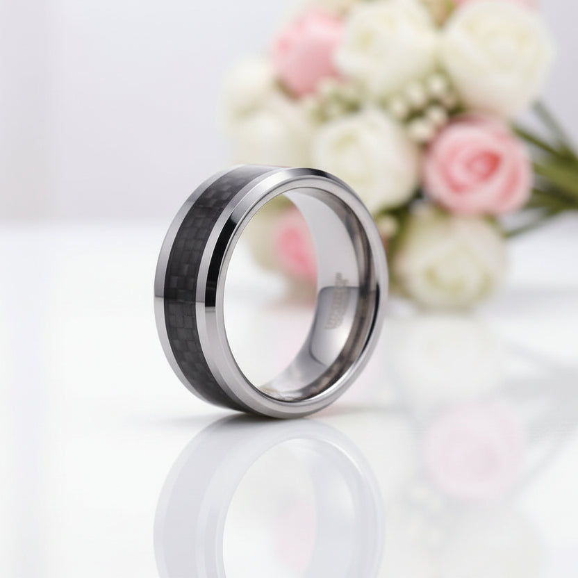 Men's Tungsten Wedding Band with Black Carbon Fiber-Black Diamonds New York