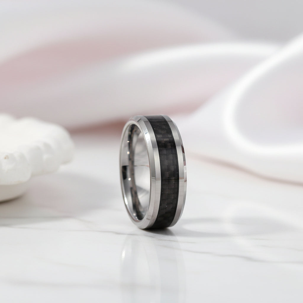Men's Tungsten Wedding Band with Black Carbon Fiber-Black Diamonds New York