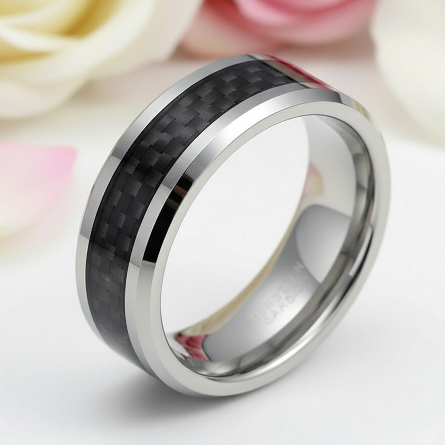 Men's Tungsten Wedding Band with Black Carbon Fiber-Black Diamonds New York