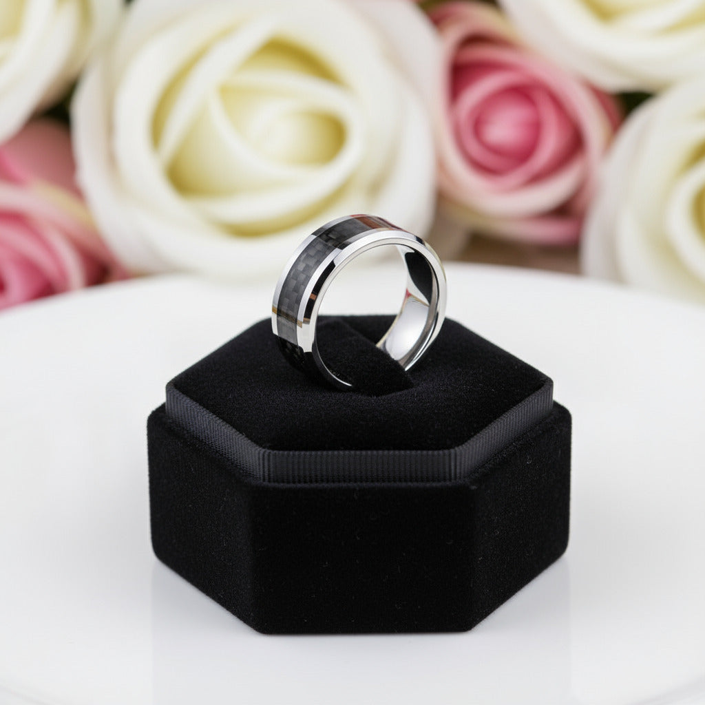 Men's Tungsten Wedding Band with Black Carbon Fiber-Black Diamonds New York