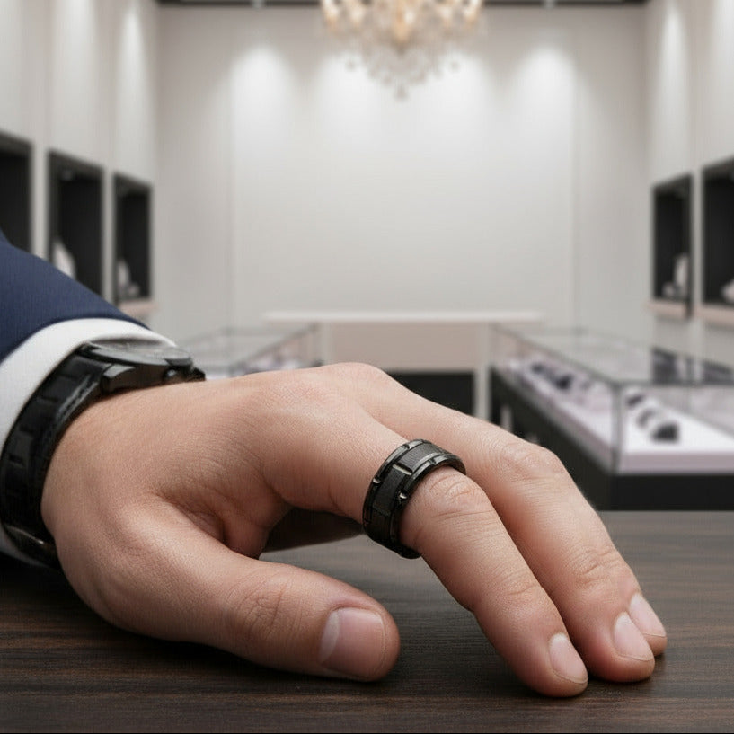 Men's Tungsten Wedding Band with Brick Pattern-Black Diamonds New York