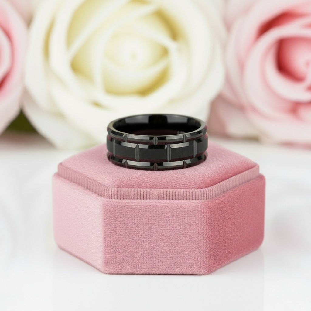 Men's Tungsten Wedding Band with Brick Pattern-Black Diamonds New York