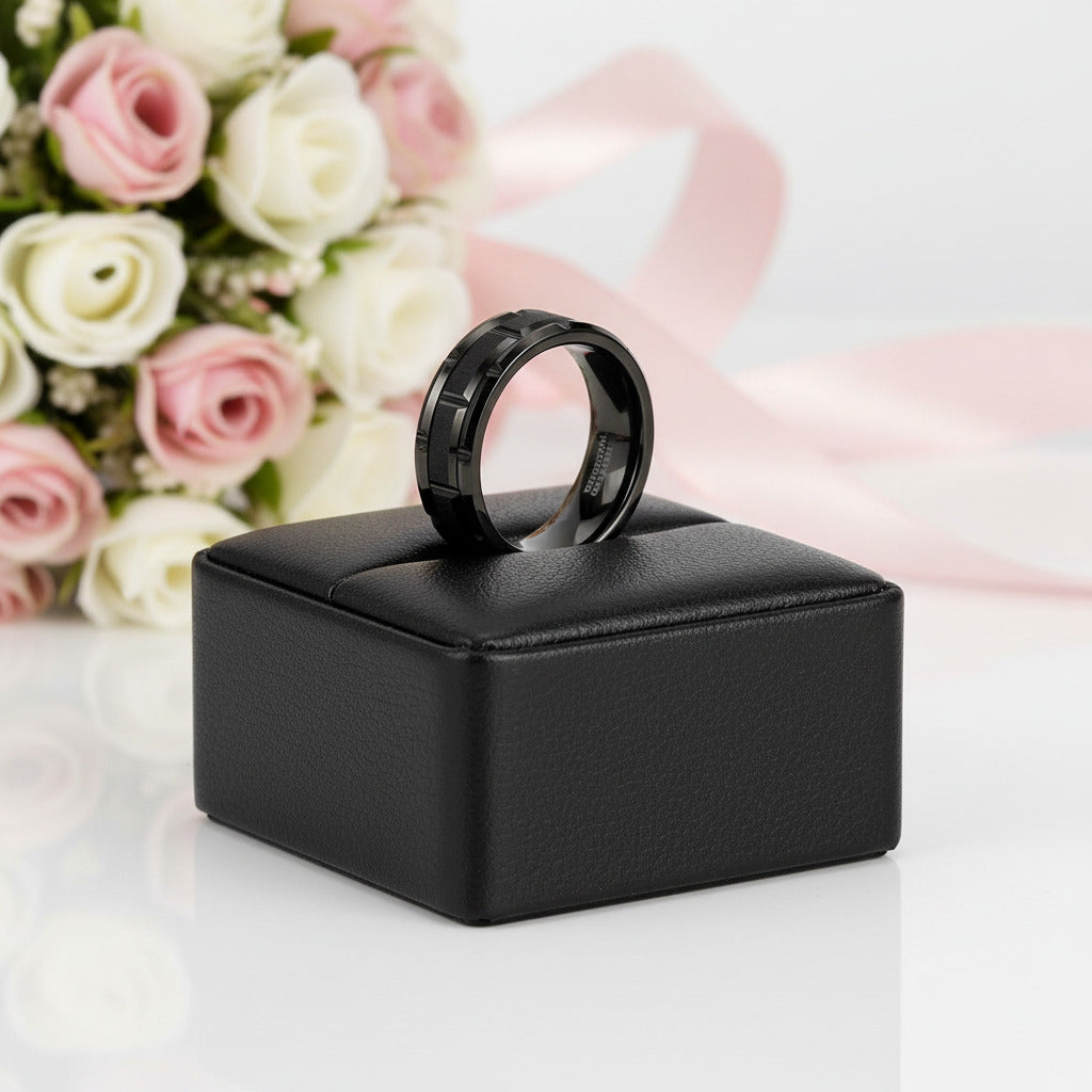 Men's Tungsten Wedding Band with Brick Pattern-Black Diamonds New York