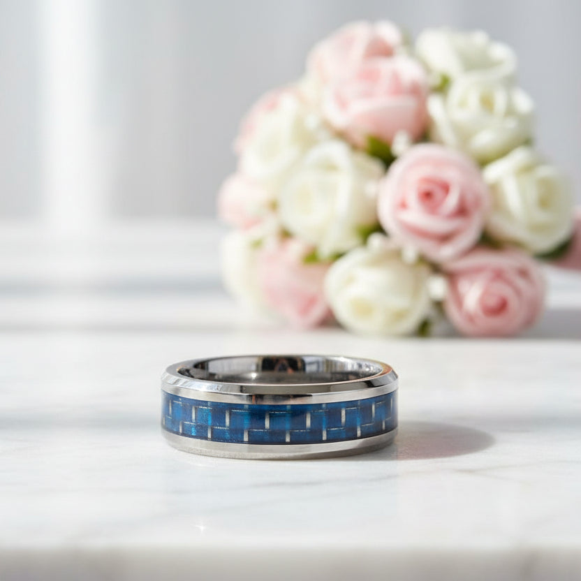Men's Tungsten Wedding Band with Carbon Fiber-Black Diamonds New York