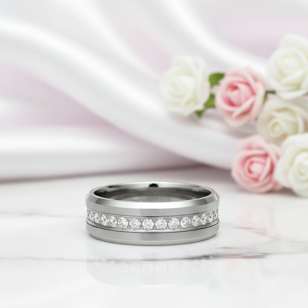 Men's Tungsten Wedding Band with Eternity Diamond Option Inlay-Black Diamonds New York