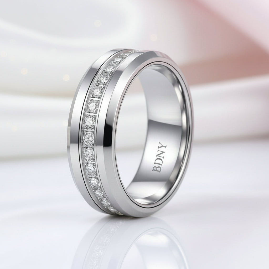 Men's Tungsten Wedding Band with Eternity Diamond Option Inlay-Black Diamonds New York