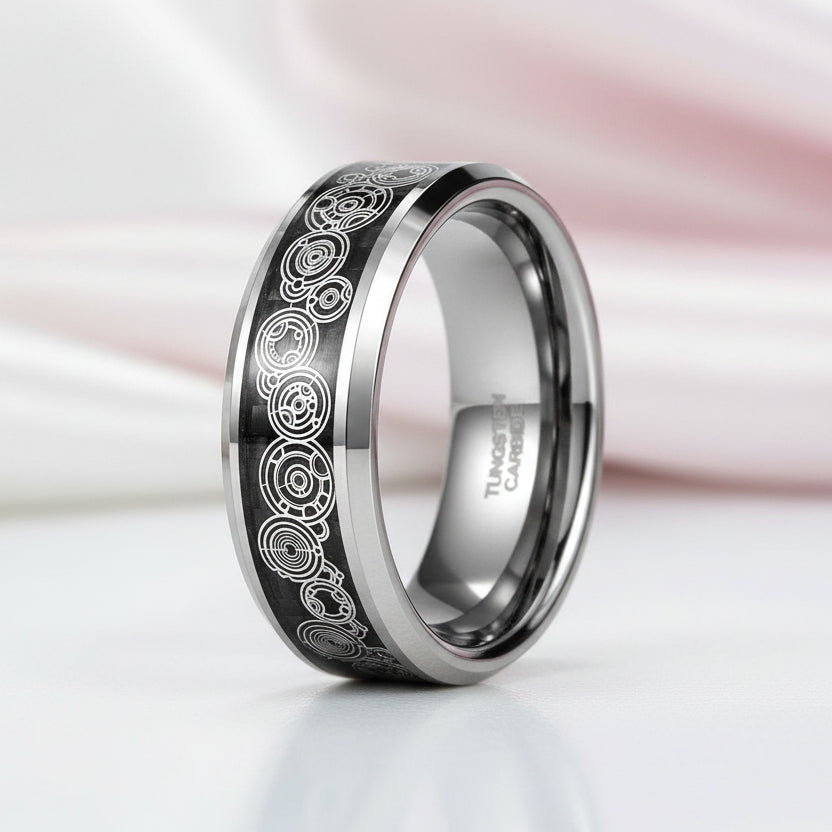 Men's Tungsten Wedding Band with Steampunk Wheel Inlay-Black Diamonds New York