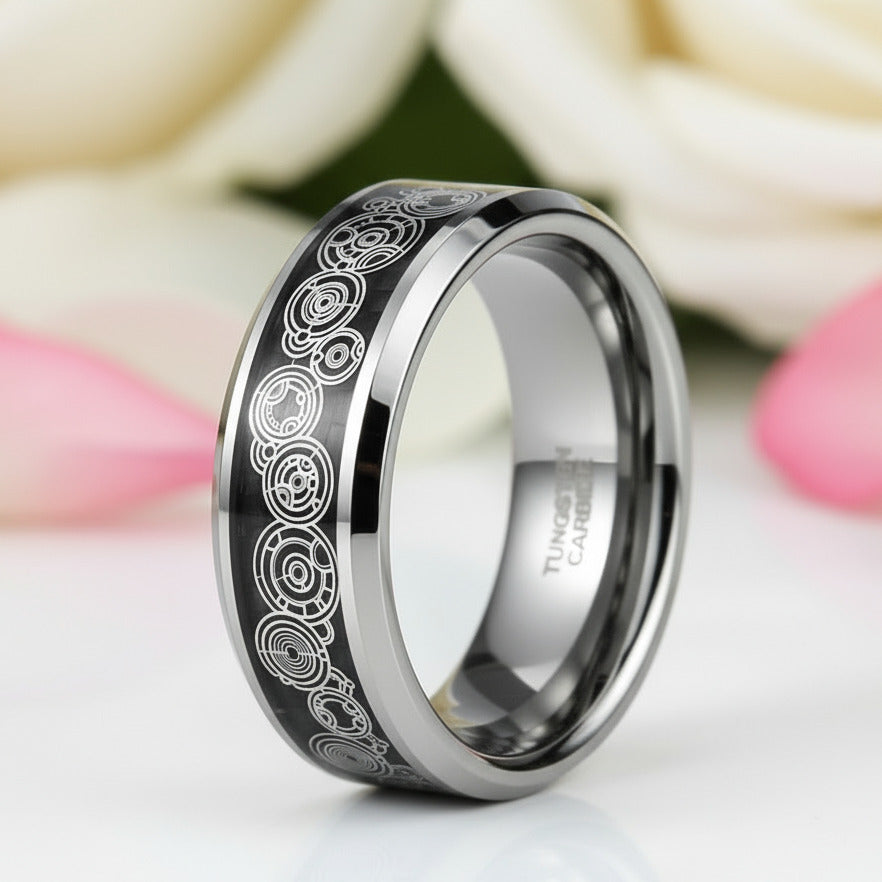 Men's Tungsten Wedding Band with Steampunk Wheel Inlay-Black Diamonds New York