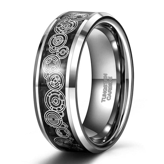 Men's Tungsten Wedding Band with Steampunk Wheel Inlay-Black Diamonds New York