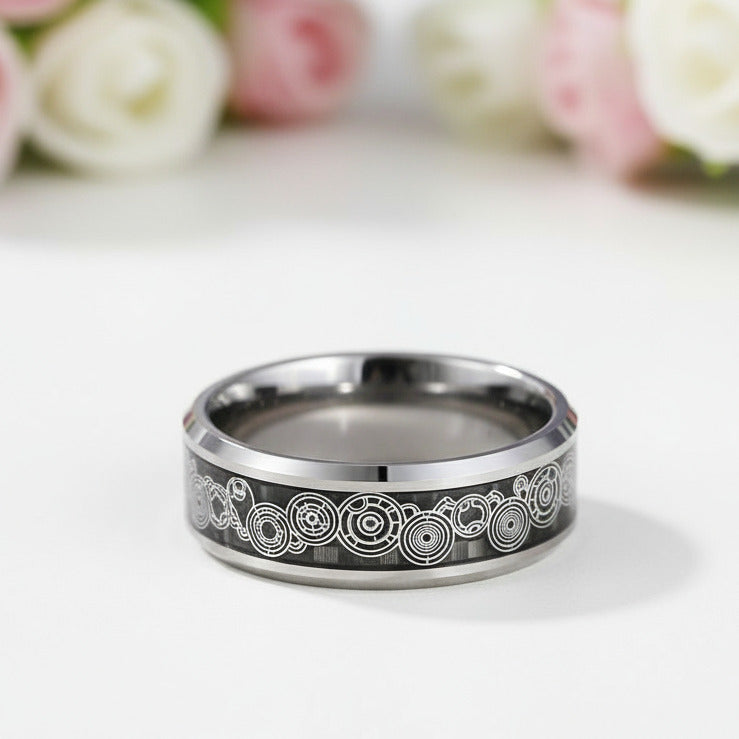 Men's Tungsten Wedding Band with Steampunk Wheel Inlay-Black Diamonds New York