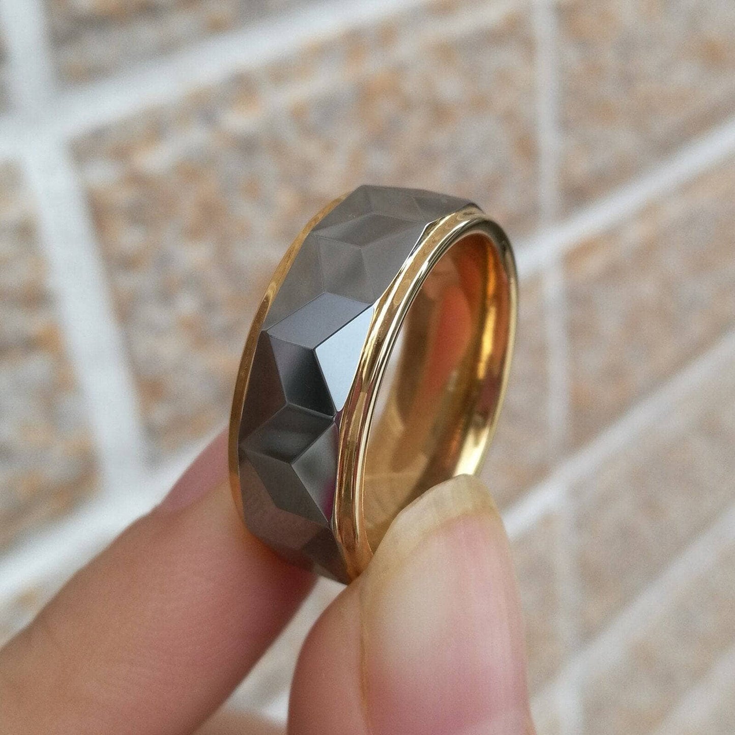 Men's Wedding Band 8mm Tungsten Carbide Gold and Gray-Black Diamonds New York
