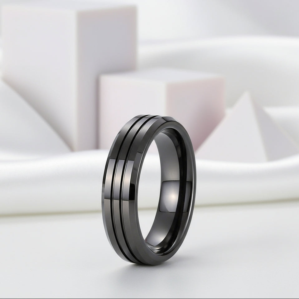 Men's Wedding Band Matte Black Tungsten Carbide-Black Diamonds New York