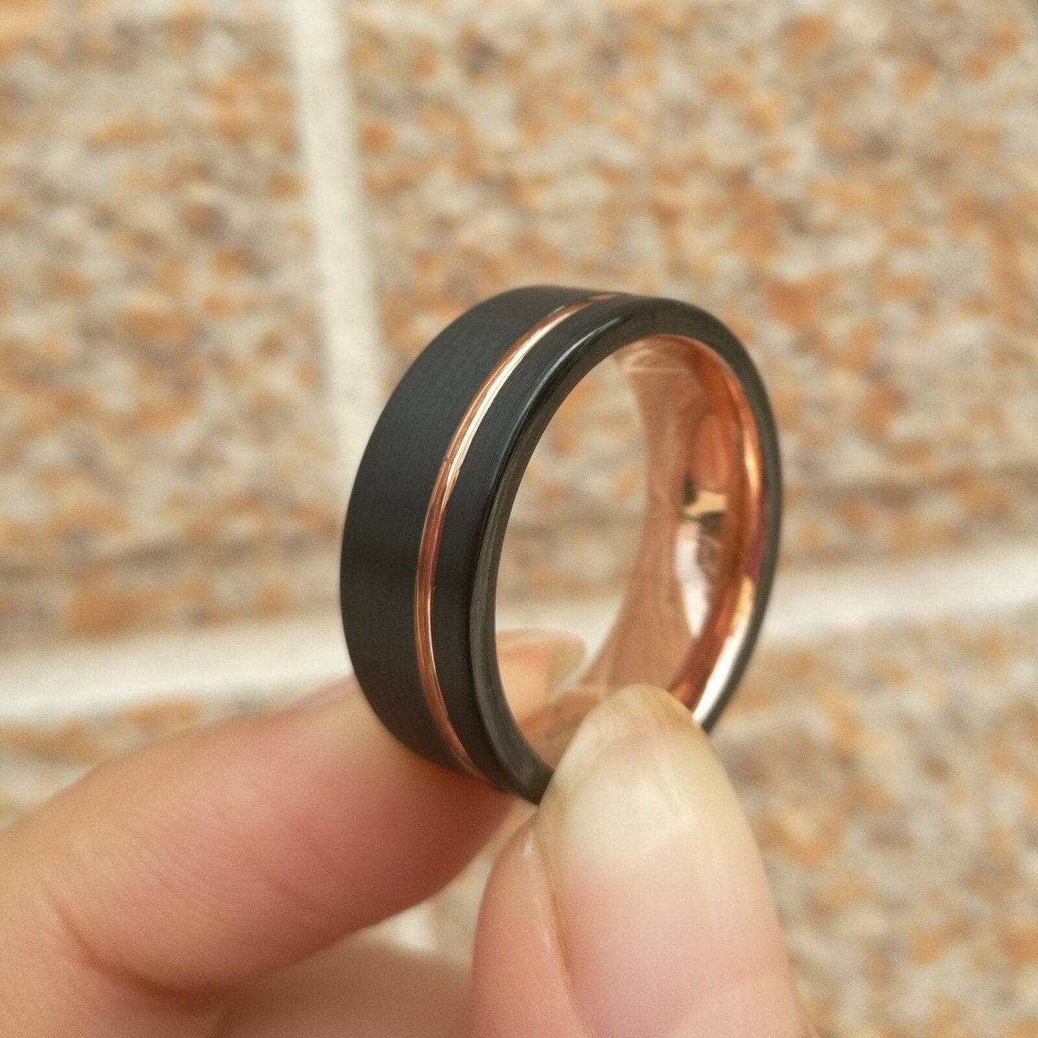 Men's Wedding Band Tungsten Carbide Black with Rose Gold Line