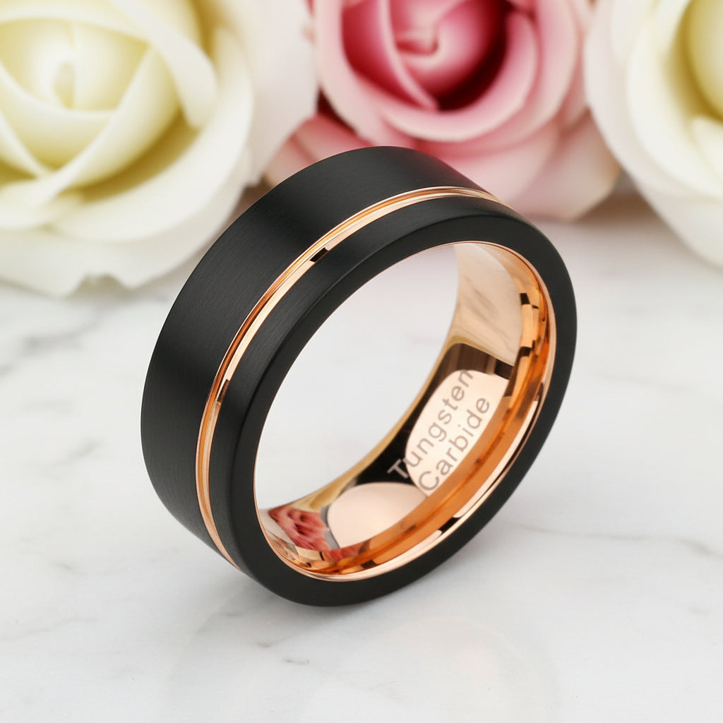 Men's Wedding Band Tungsten Carbide Black with Rose Gold Line-Black Diamonds New York