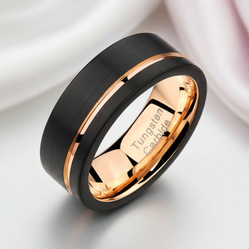 Men's Wedding Band Tungsten Carbide Black with Rose Gold Line-Black Diamonds New York