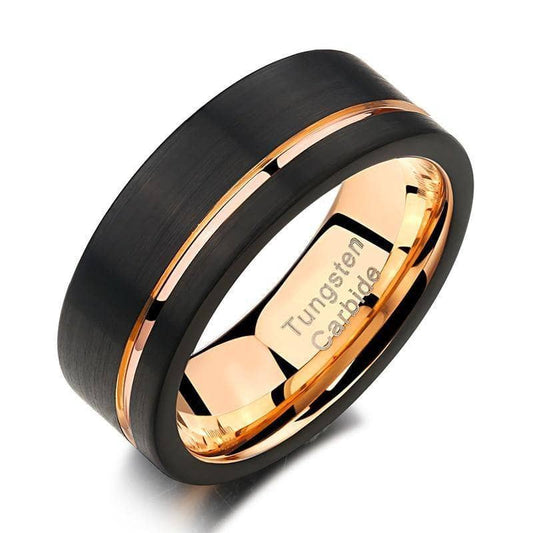 Men's Wedding Band Tungsten Carbide Black with Rose Gold Line-Black Diamonds New York