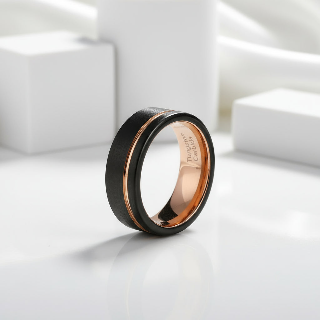 Men's Wedding Band Tungsten Carbide Black with Rose Gold Line-Black Diamonds New York