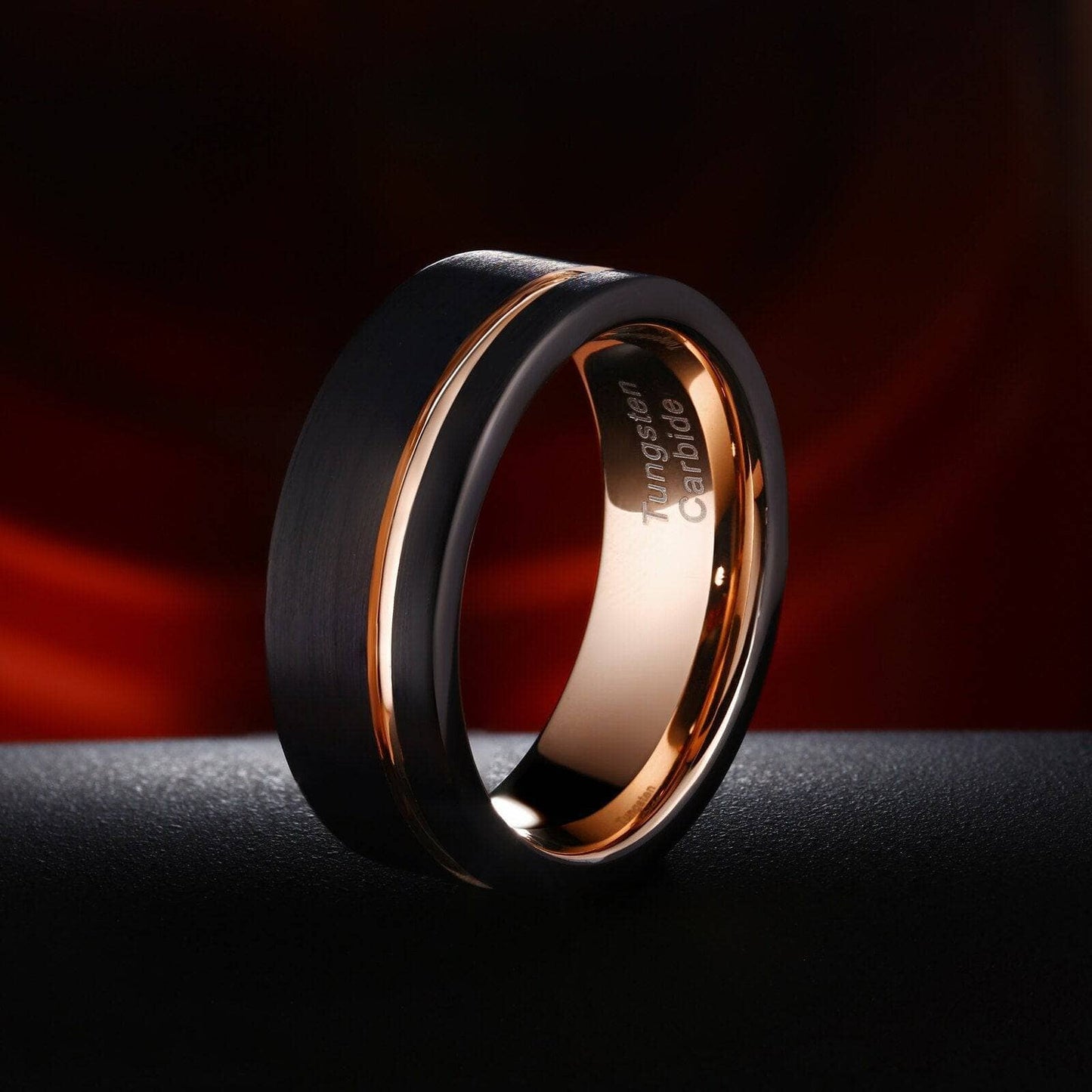 Men's Wedding Band Tungsten Carbide Black with Rose Gold Line