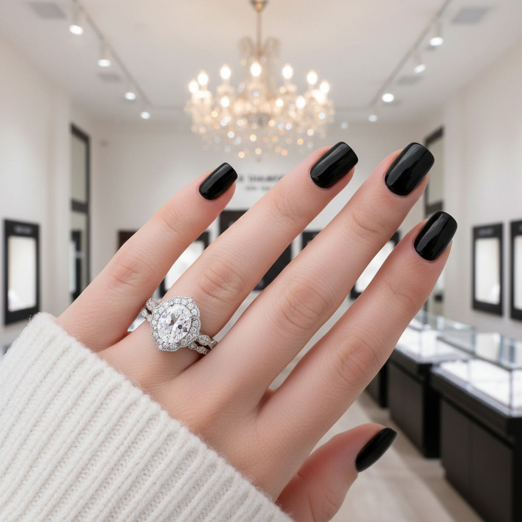 Milgrain Halo Oval Cut Vintage Wedding Set-Black Diamonds New York