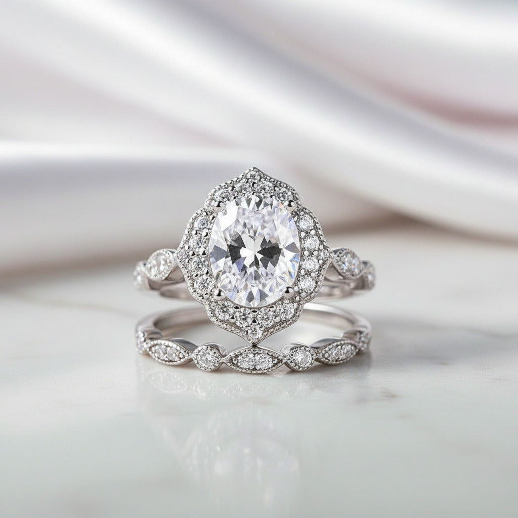 Milgrain Halo Oval Cut Vintage Wedding Set-Black Diamonds New York