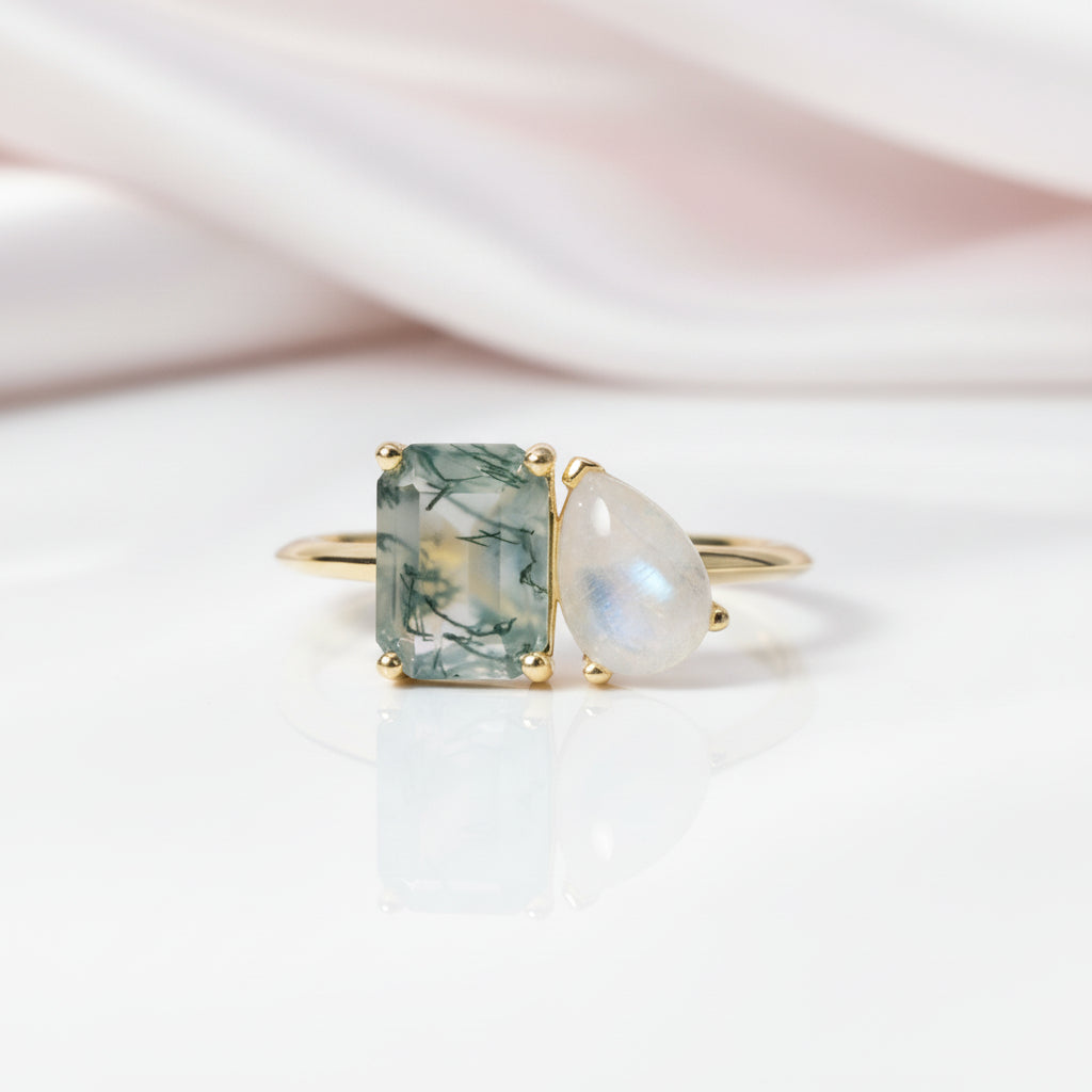 Milky Blue Moonstone Moss Agate Engagement Ring-Black Diamonds New York