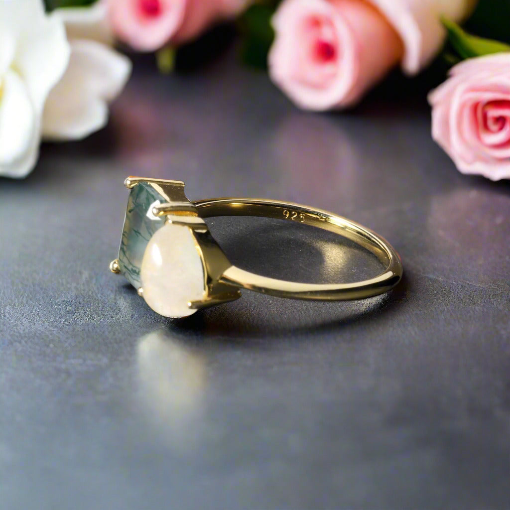 Milky Blue Moonstone Moss Agate Engagement Ring-Black Diamonds New York