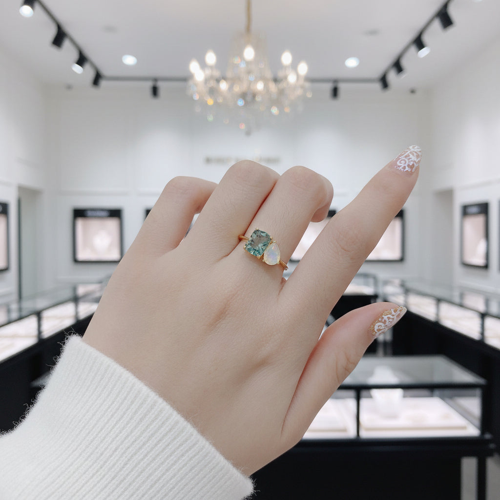 Milky Blue Moonstone Moss Agate Engagement Ring-Black Diamonds New York