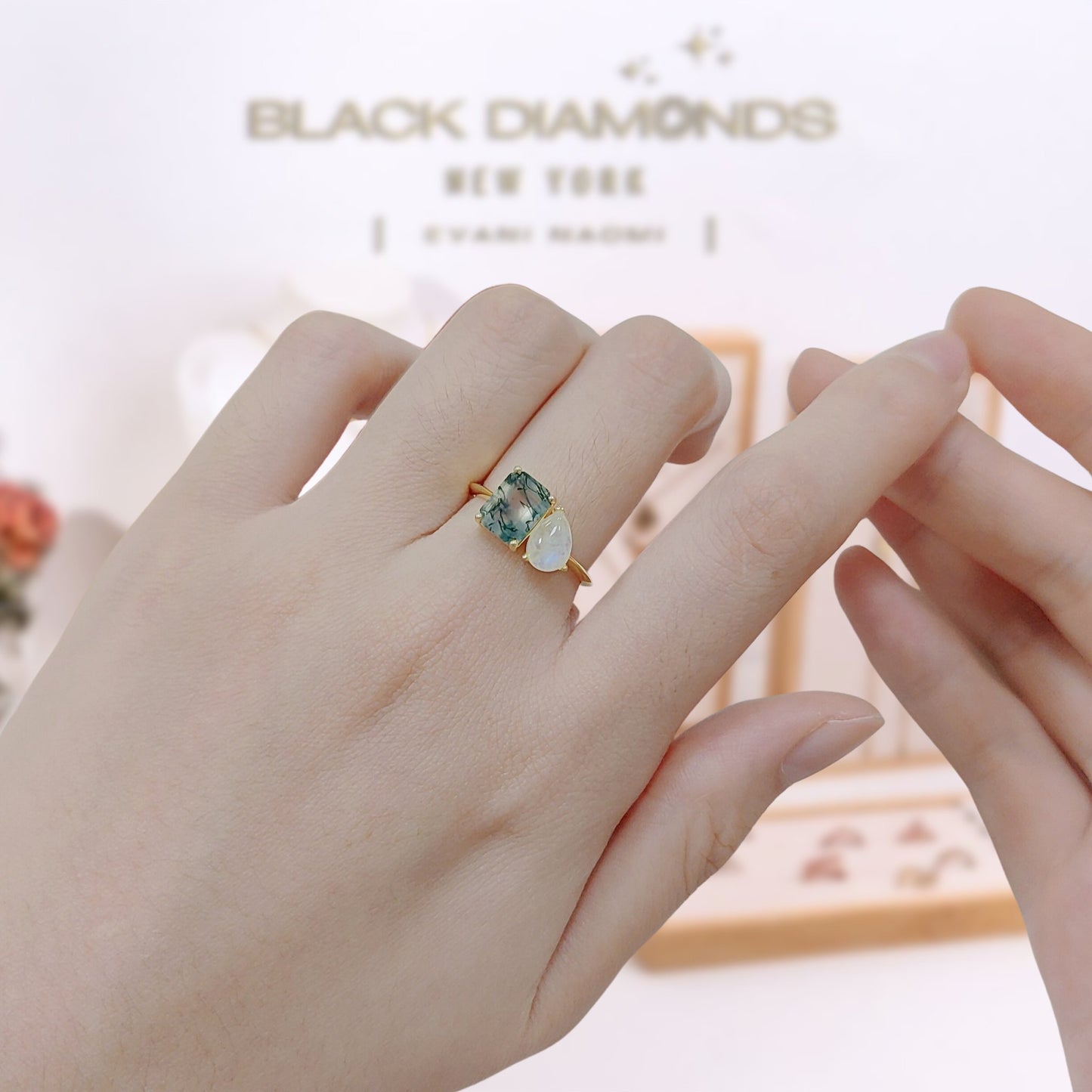 Milky Blue Moonstone Moss Agate Engagement Ring-Black Diamonds New York