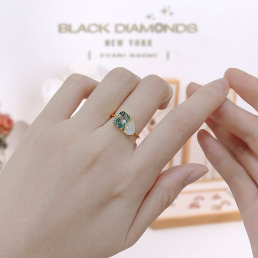 Milky Blue Moonstone Moss Agate Engagement Ring - Black Diamonds New York