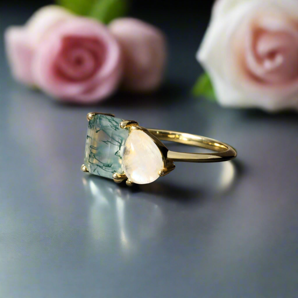 Milky Blue Moonstone Moss Agate Engagement Ring-Black Diamonds New York