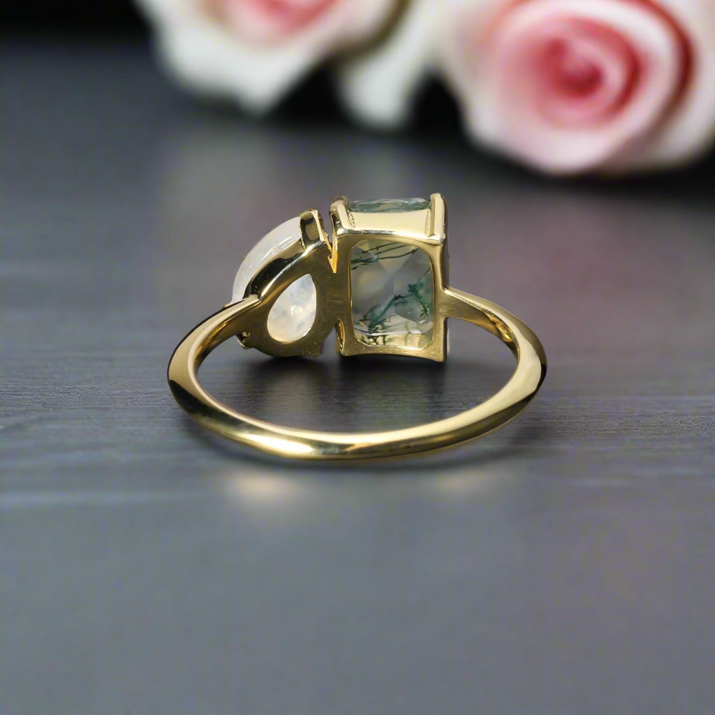 Milky Blue Moonstone Moss Agate Engagement Ring-Black Diamonds New York