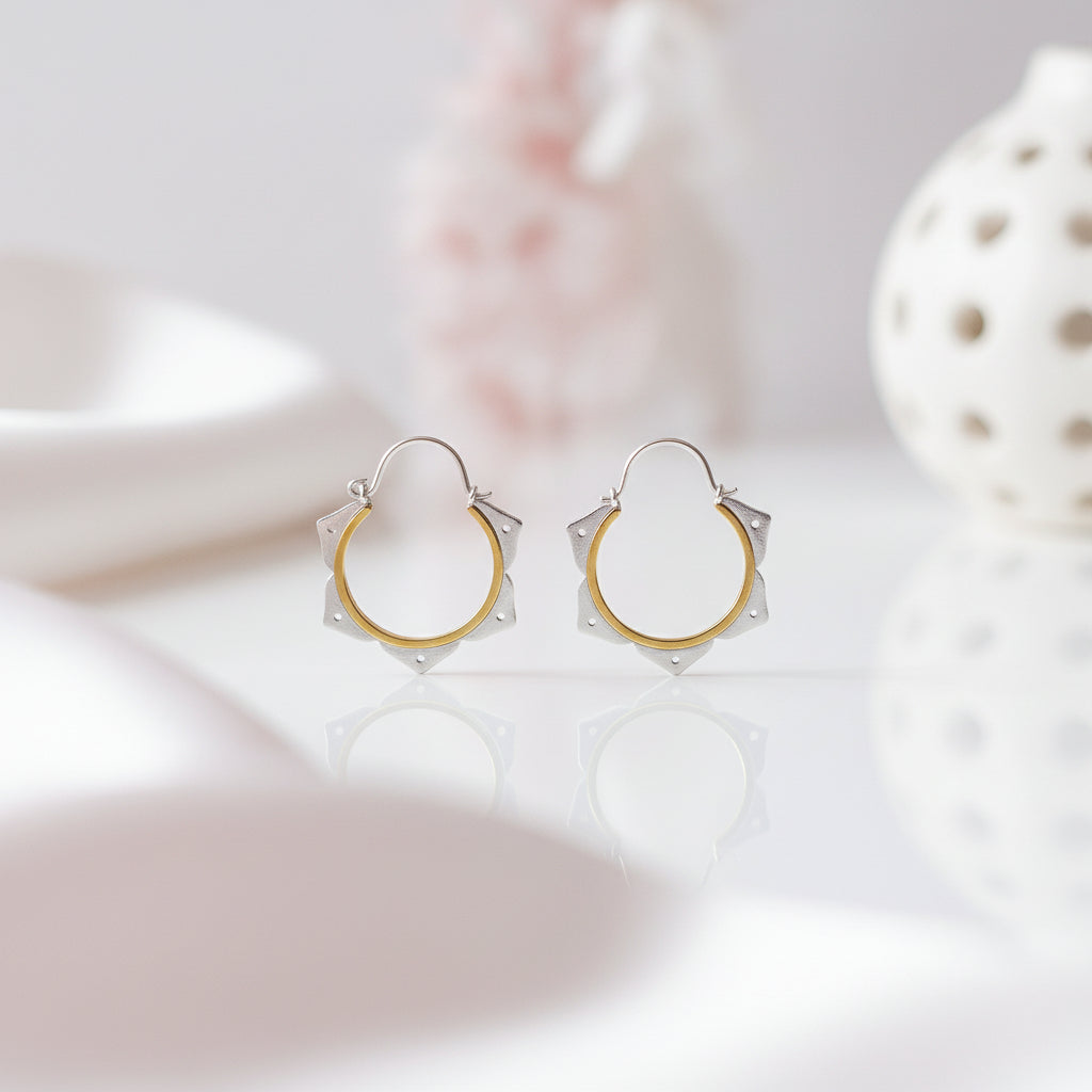 Minimalist Lotus Flower Hoop Earrings-Black Diamonds New York