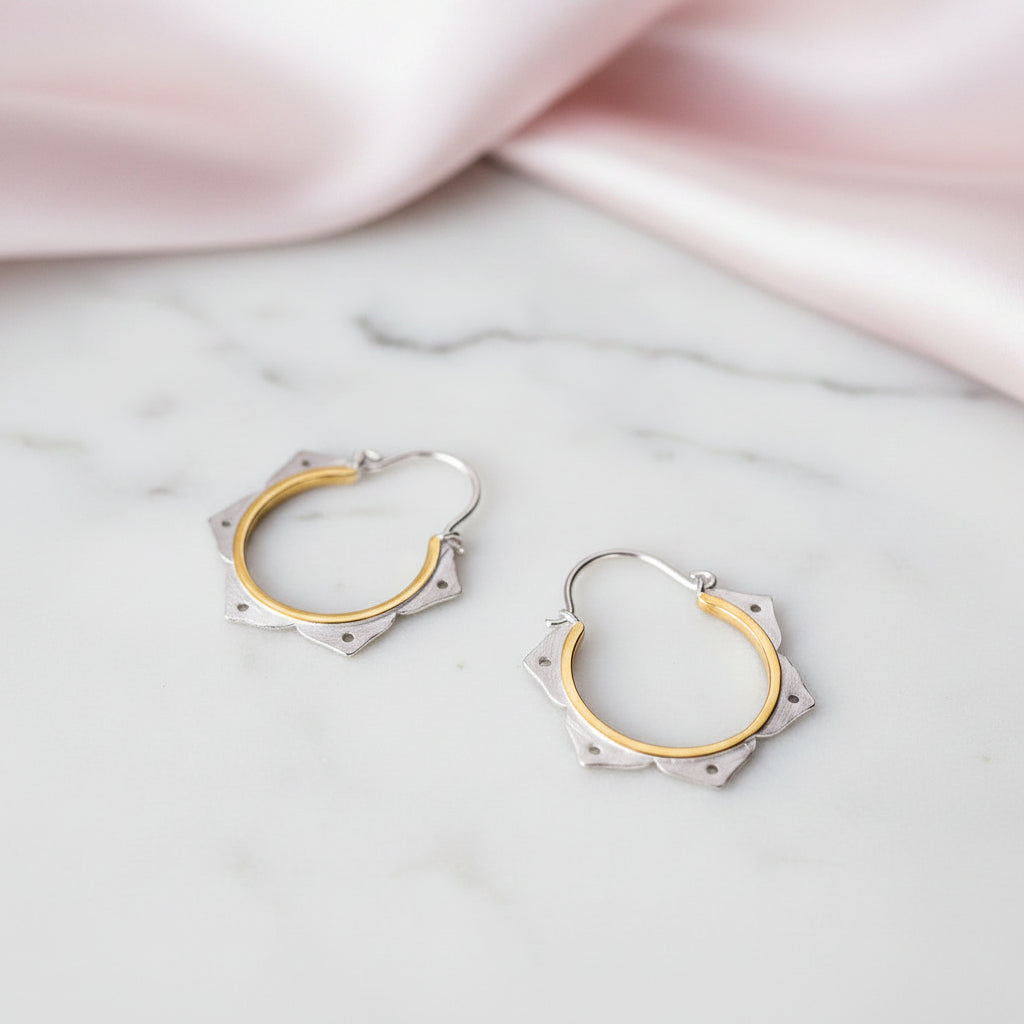 Minimalist Lotus Flower Hoop Earrings-Black Diamonds New York