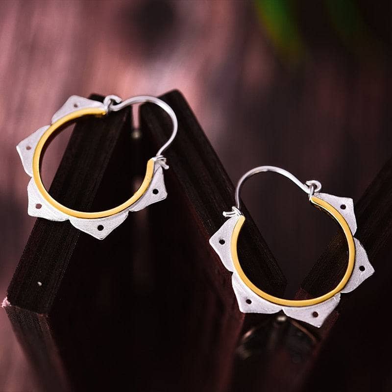 Minimalist Lotus Flower Hoop Earrings-Black Diamonds New York